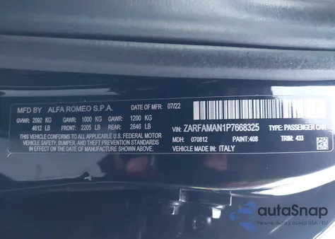 2023 Alfa Romeo Giulia Sprint Rwd z USA, uszkodzony, nr VIN ZARFAMAN1P7668325